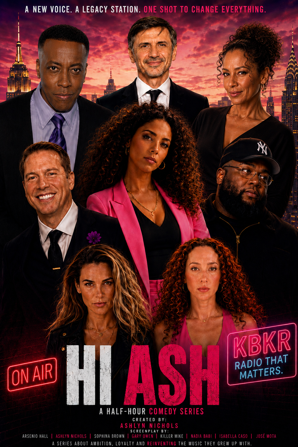 Hi Ash official ensemble poster — the KBKR radio team against a New York City sunset