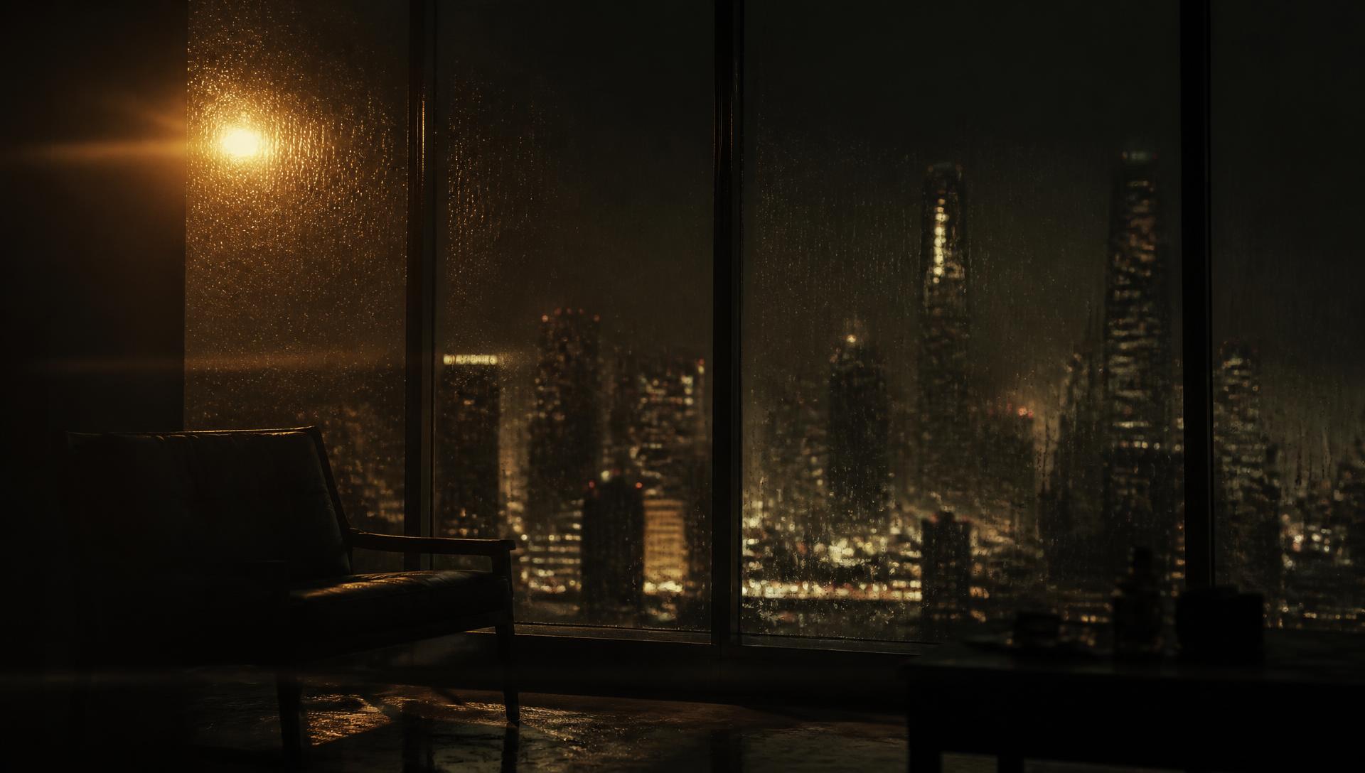 Cinematic night skyline seen through rain-streaked glass