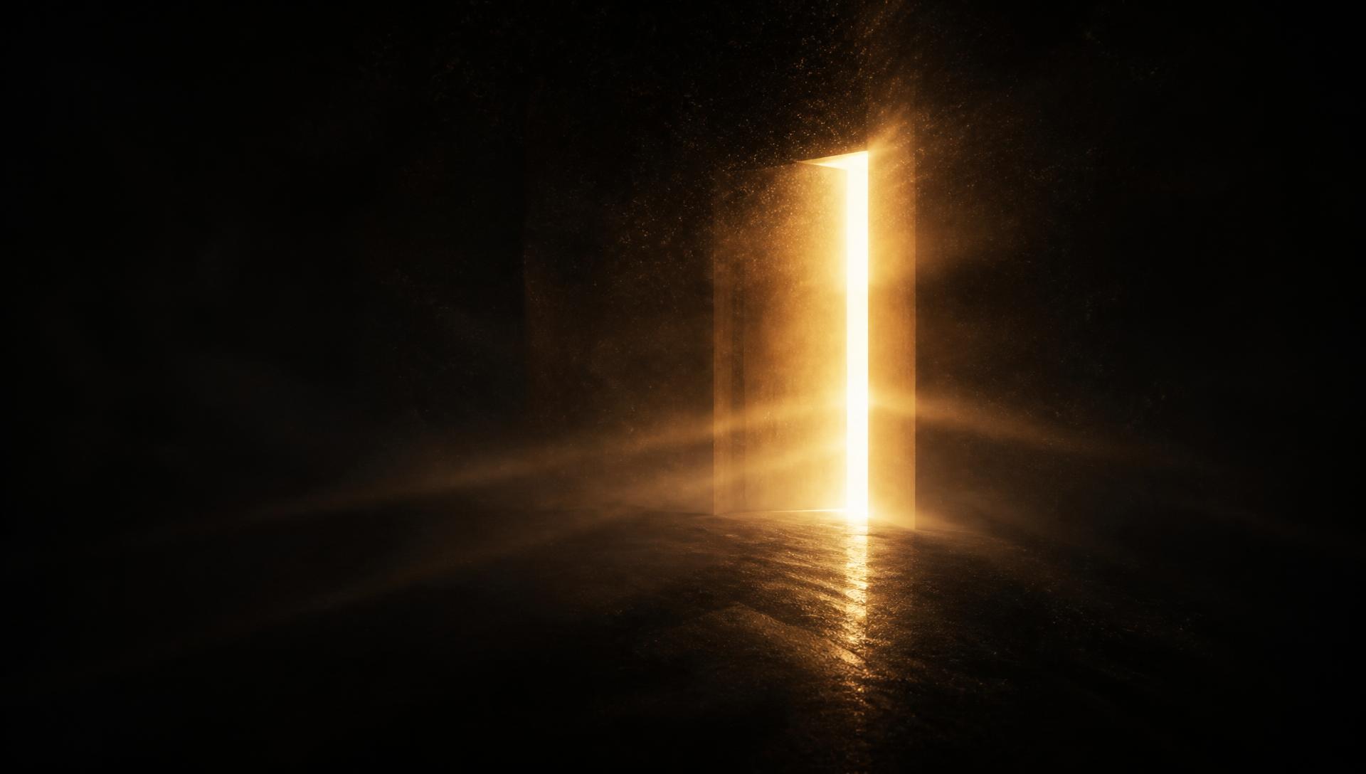 Volumetric light forming a doorway in darkness